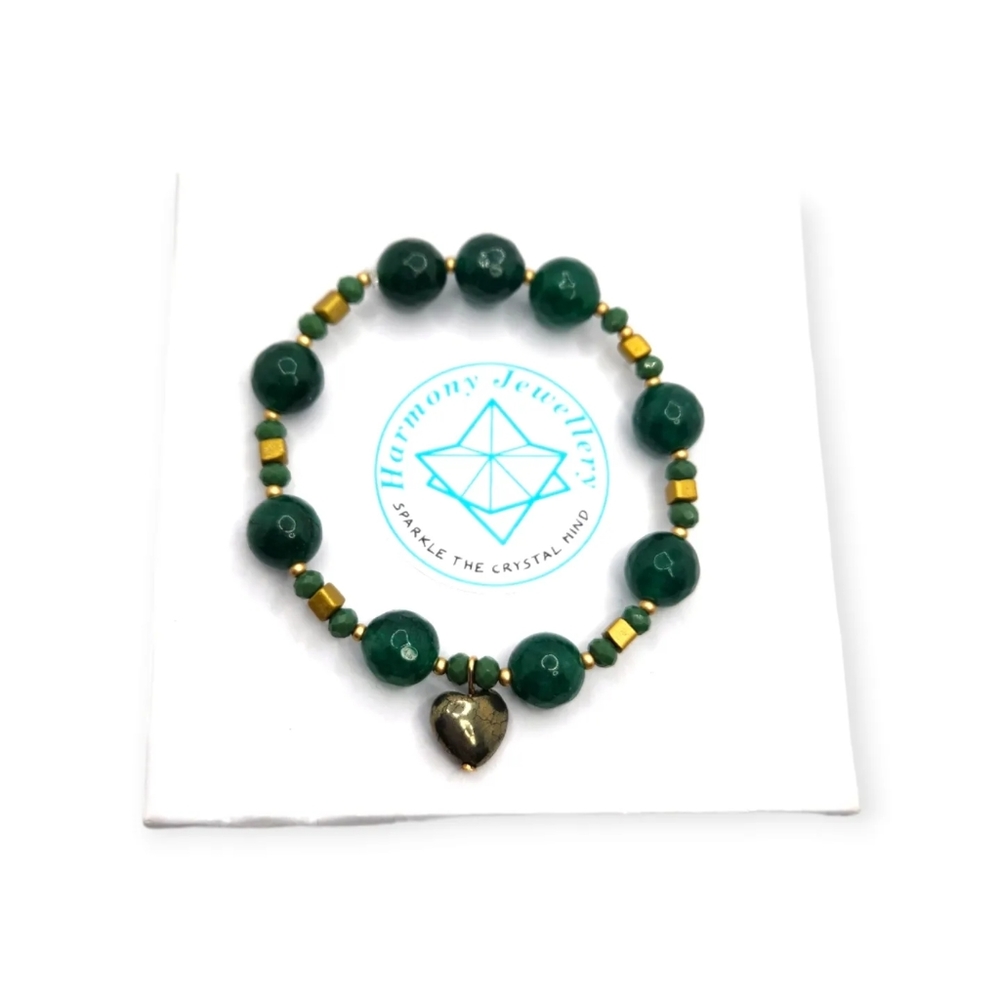 Faceted Green Agate, Czech Glass, Pyrite heart charm bracelet